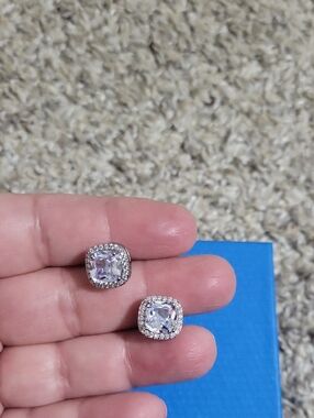 Silver Halo Cushion-Cut White Crystal Stud Earrings